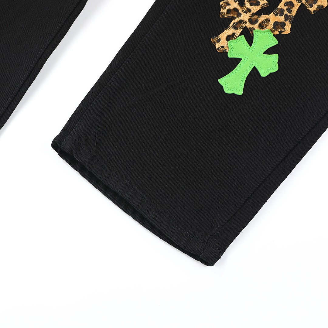 高版本Chrome Hearts克罗心 Sex Records系列 拼皮豹纹十字牛仔裤