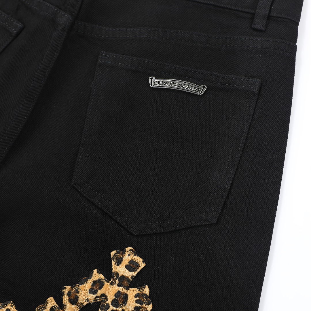 高版本Chrome Hearts克罗心 Sex Records系列 拼皮豹纹十字牛仔裤