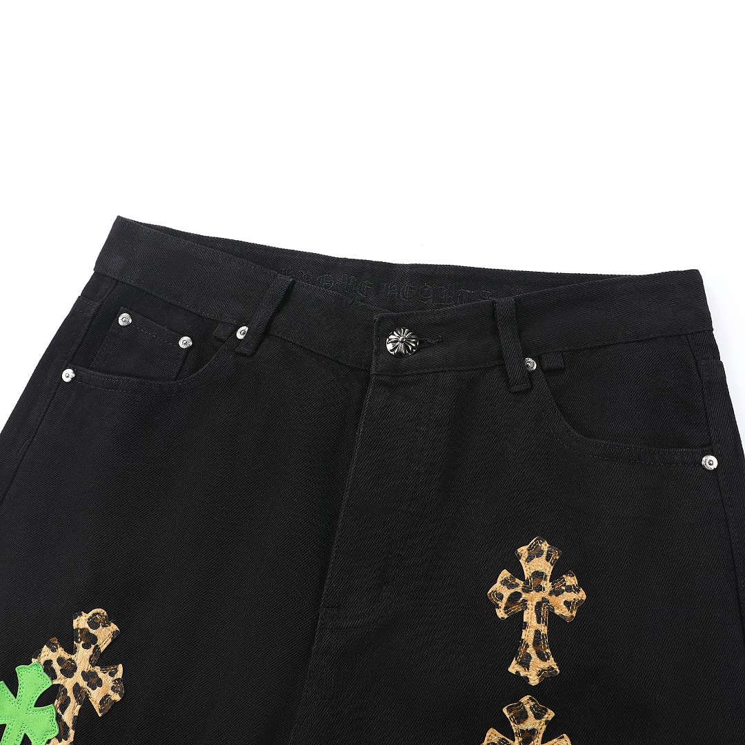 高版本Chrome Hearts克罗心 Sex Records系列 拼皮豹纹十字牛仔裤