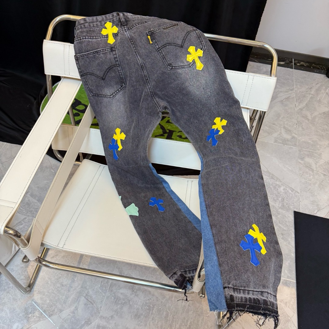 高版本Chrome hearts克罗心 x Gallery Dept 联名涂鸦彩标十字微喇牛仔裤