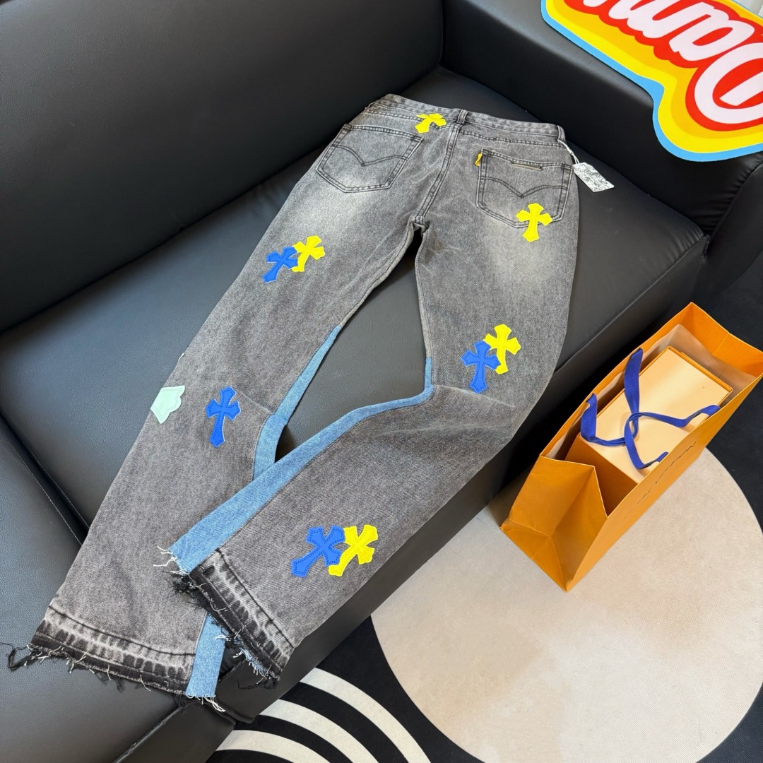 高版本Chrome hearts克罗心 x Gallery Dept 联名涂鸦彩标十字微喇牛仔裤