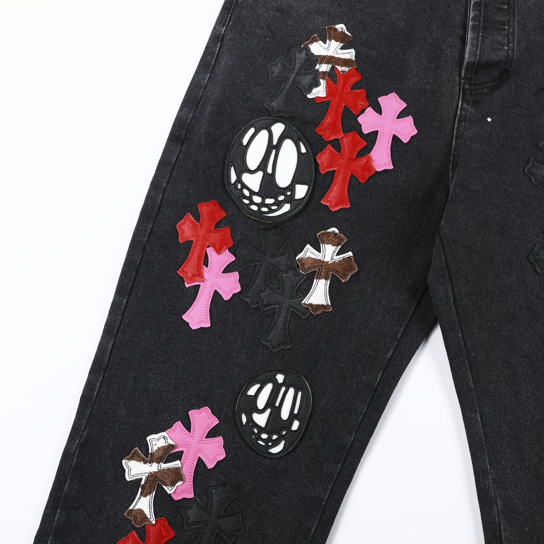 高版本Chrome hearts克罗心 鬼脸牛王满十字做旧牛仔裤