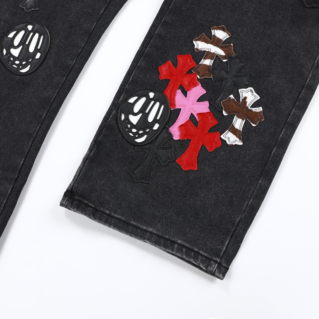 高版本Chrome hearts克罗心 鬼脸牛王满十字做旧牛仔裤