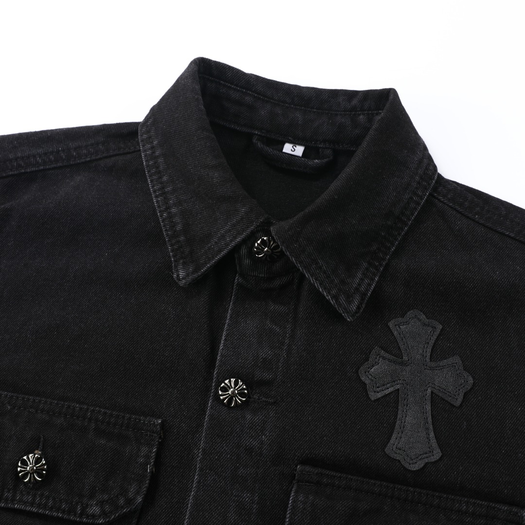 高版本Chrome Hearts克罗心 暗黑皮标十字水洗牛仔衬衫外套-Chinese UA Cheap High Quatity Brand Clothes Bags handbags Sneakers wholesale wholesaler seller from China Factory suppliers Fashion Clothing Shoes best Quality Beautiful Price 高版本Chrome Hearts克罗心 暗黑皮标十字水洗牛仔衬衫外套