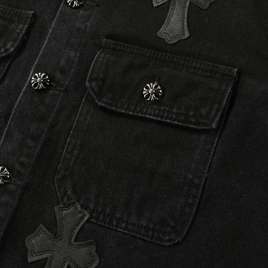 高版本Chrome Hearts克罗心 暗黑皮标十字水洗牛仔衬衫外套-Chinese UA Cheap High Quatity Brand Clothes Bags handbags Sneakers wholesale wholesaler seller from China Factory suppliers Fashion Clothing Shoes best Quality Beautiful Price 高版本Chrome Hearts克罗心 暗黑皮标十字水洗牛仔衬衫外套