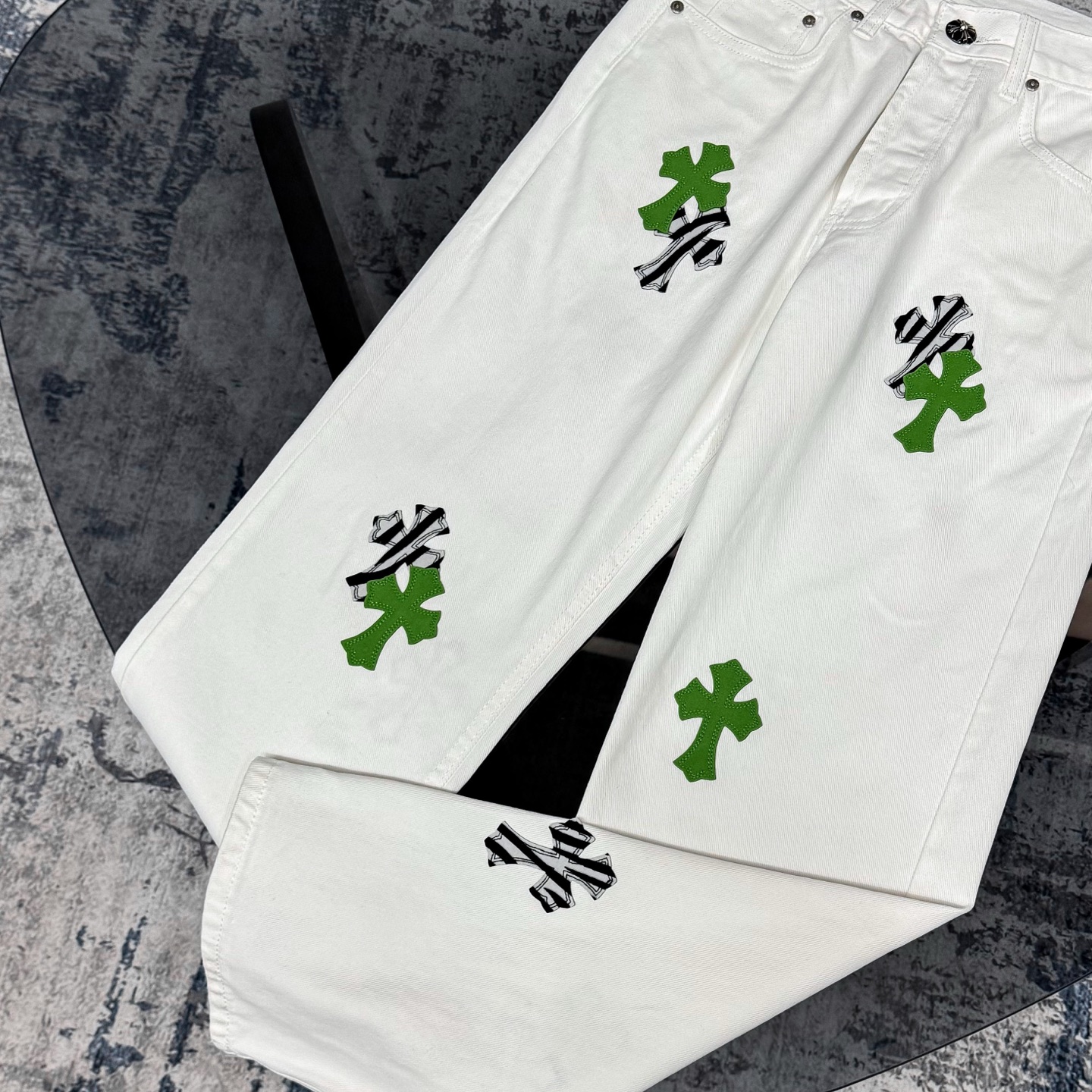 高版本Chrome Hearts克罗心 英伦限定斑马苹果绿皮十字牛仔裤