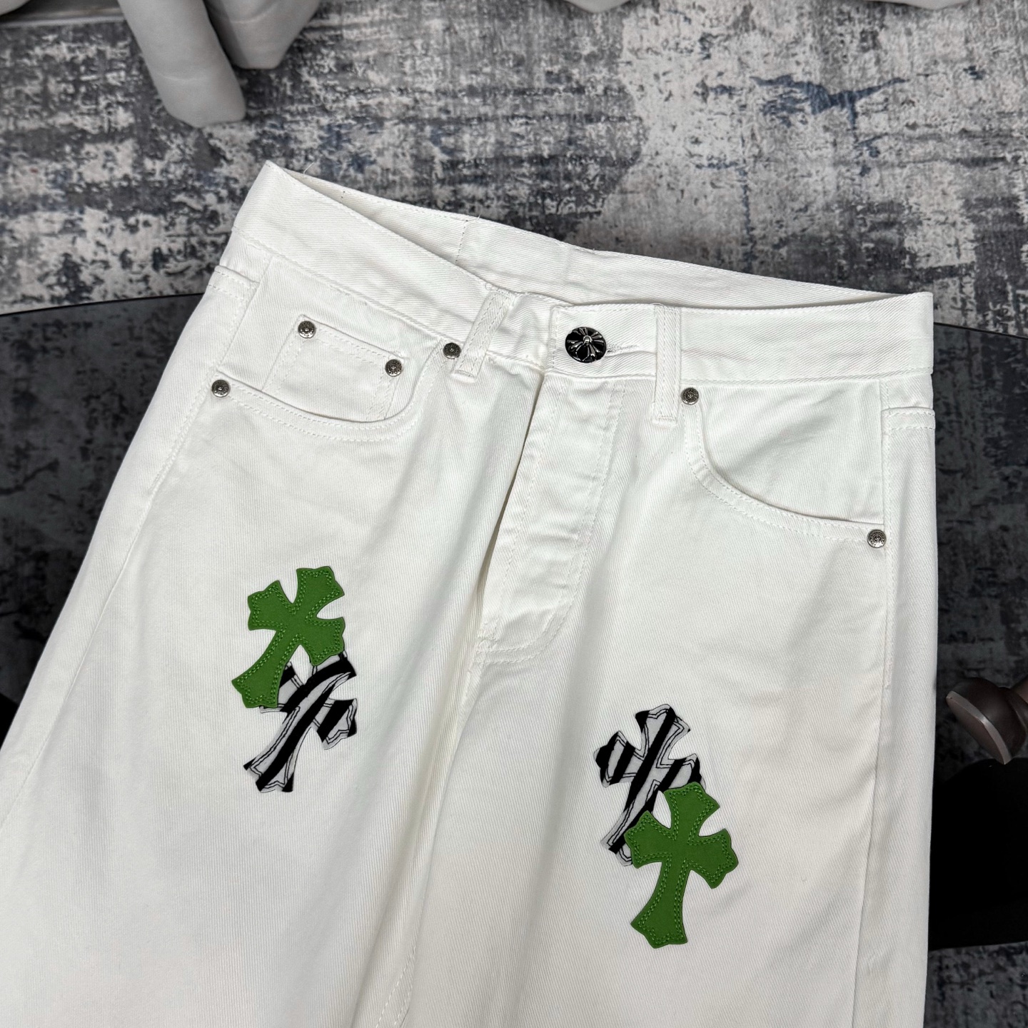 高版本Chrome Hearts克罗心 英伦限定斑马苹果绿皮十字牛仔裤