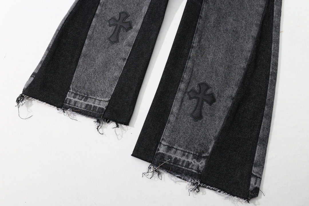 高版本Chrome hearts克罗心 x Gallery Dept 联名皮标十字拼接微喇牛仔裤