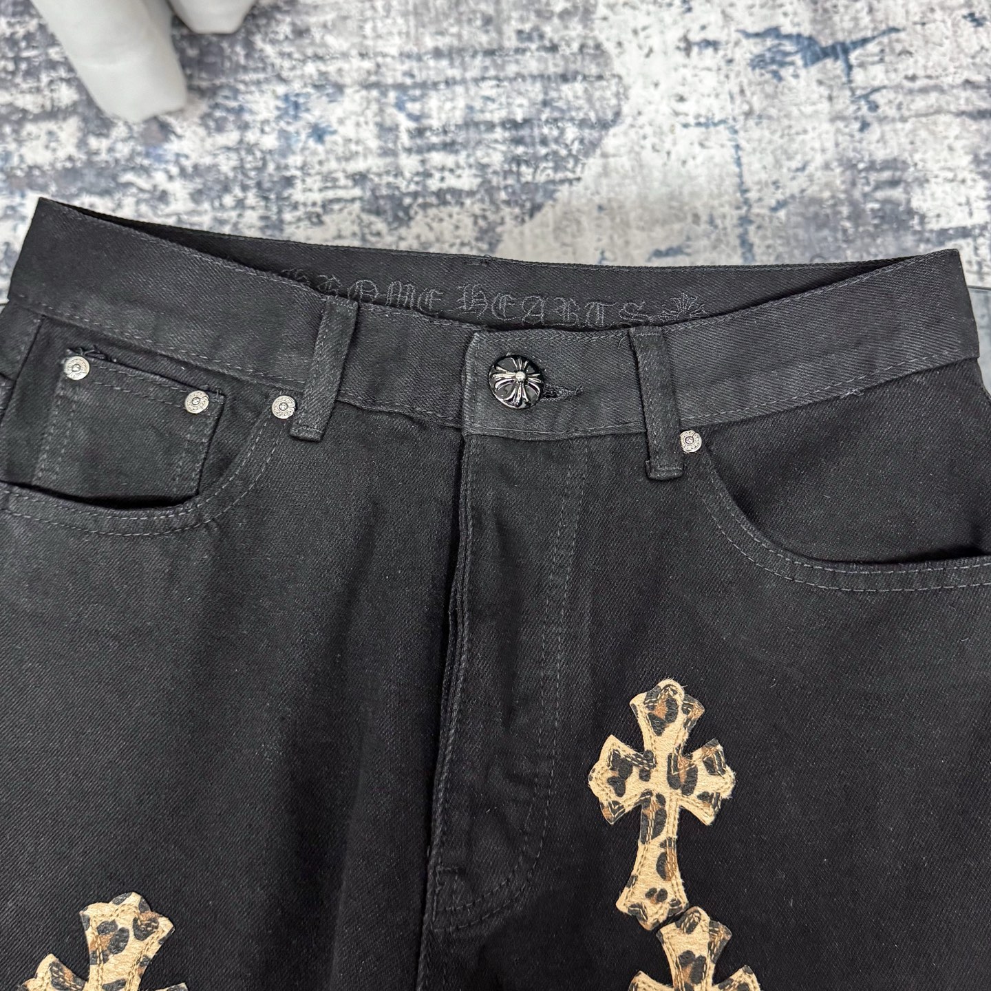 高版本Chrome Hearts克罗心 Sex Records系列 拼皮豹纹十字牛仔裤
