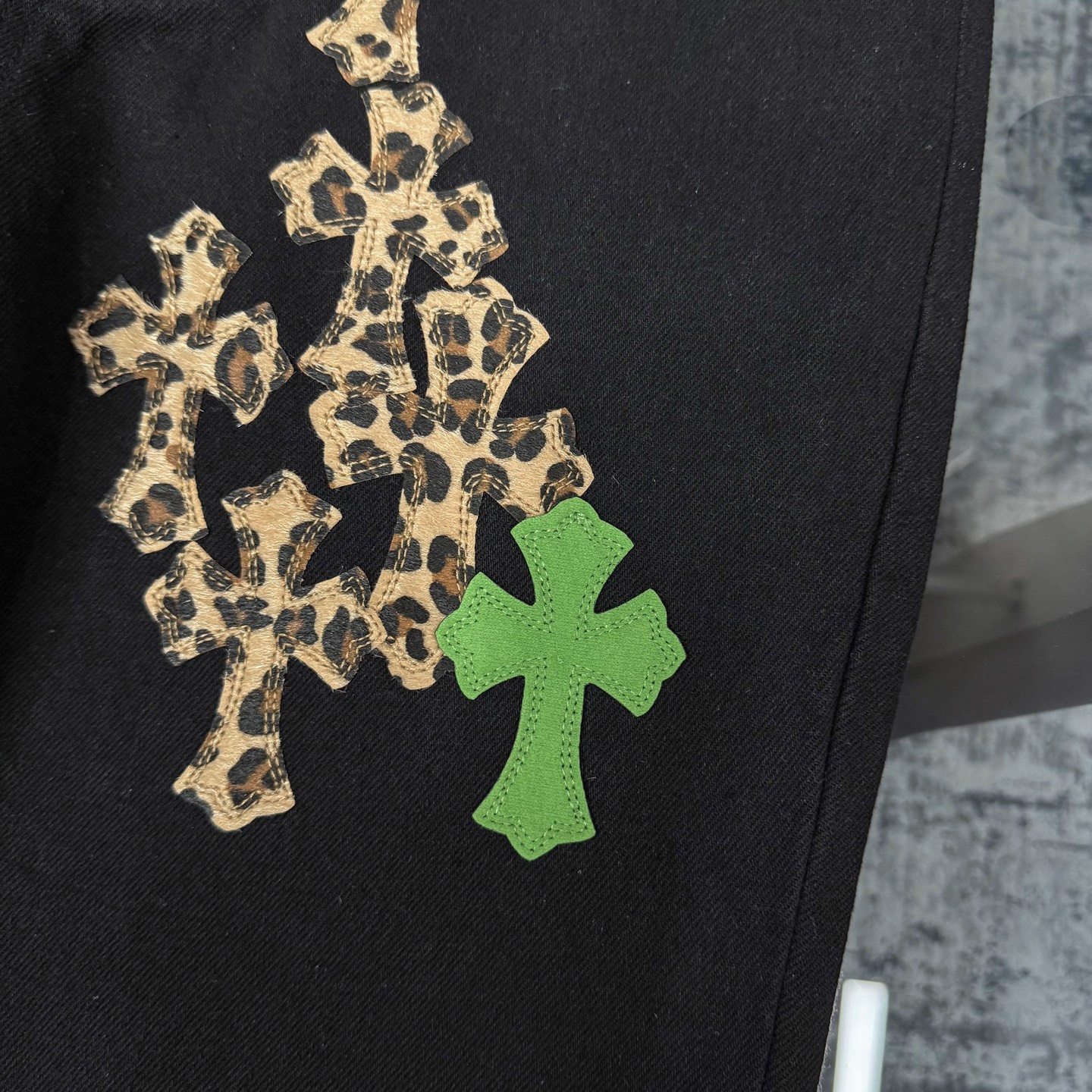 高版本Chrome Hearts克罗心 Sex Records系列 拼皮豹纹十字牛仔裤