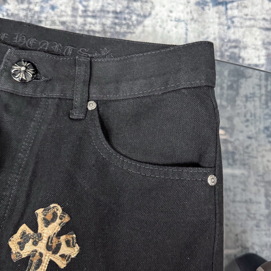 高版本Chrome Hearts克罗心 Sex Records系列 拼皮豹纹十字牛仔裤