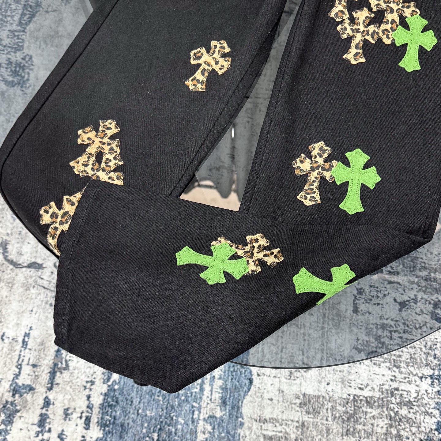 高版本Chrome Hearts克罗心 Sex Records系列 拼皮豹纹十字牛仔裤