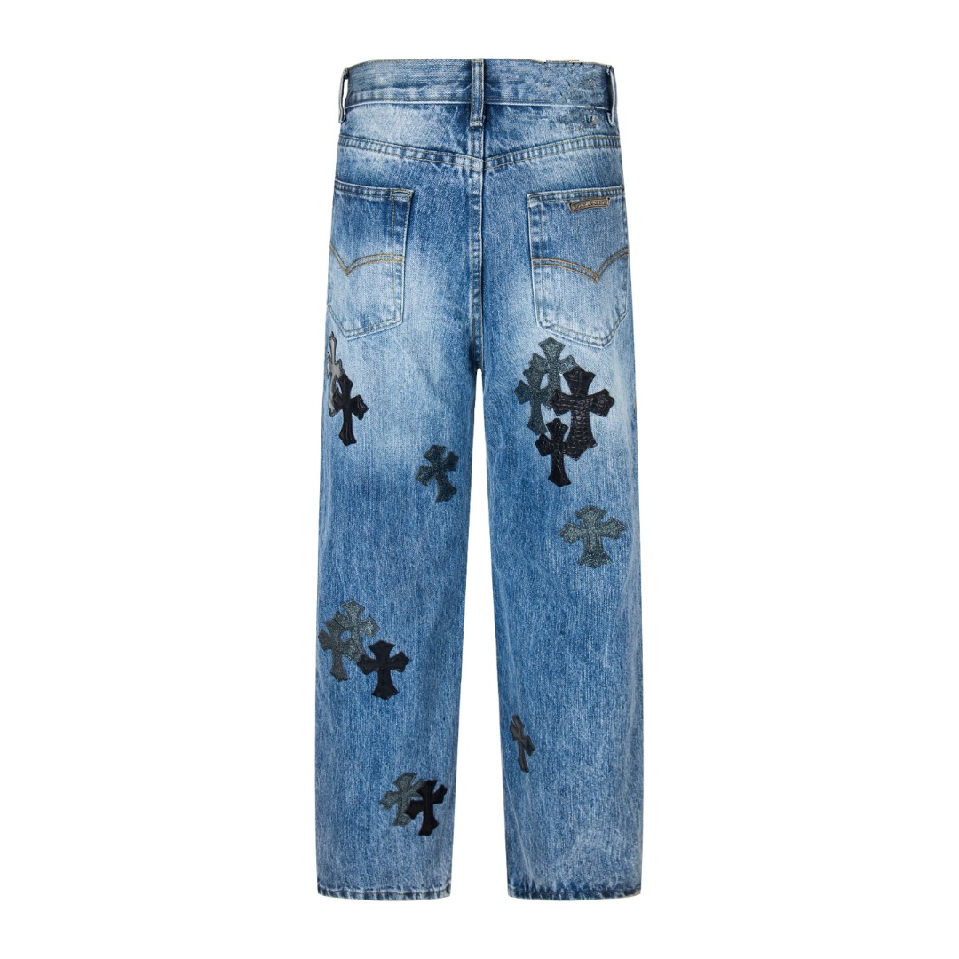 高版本Chrome Hearts克罗心 星空皮标十字水洗做旧牛仔裤