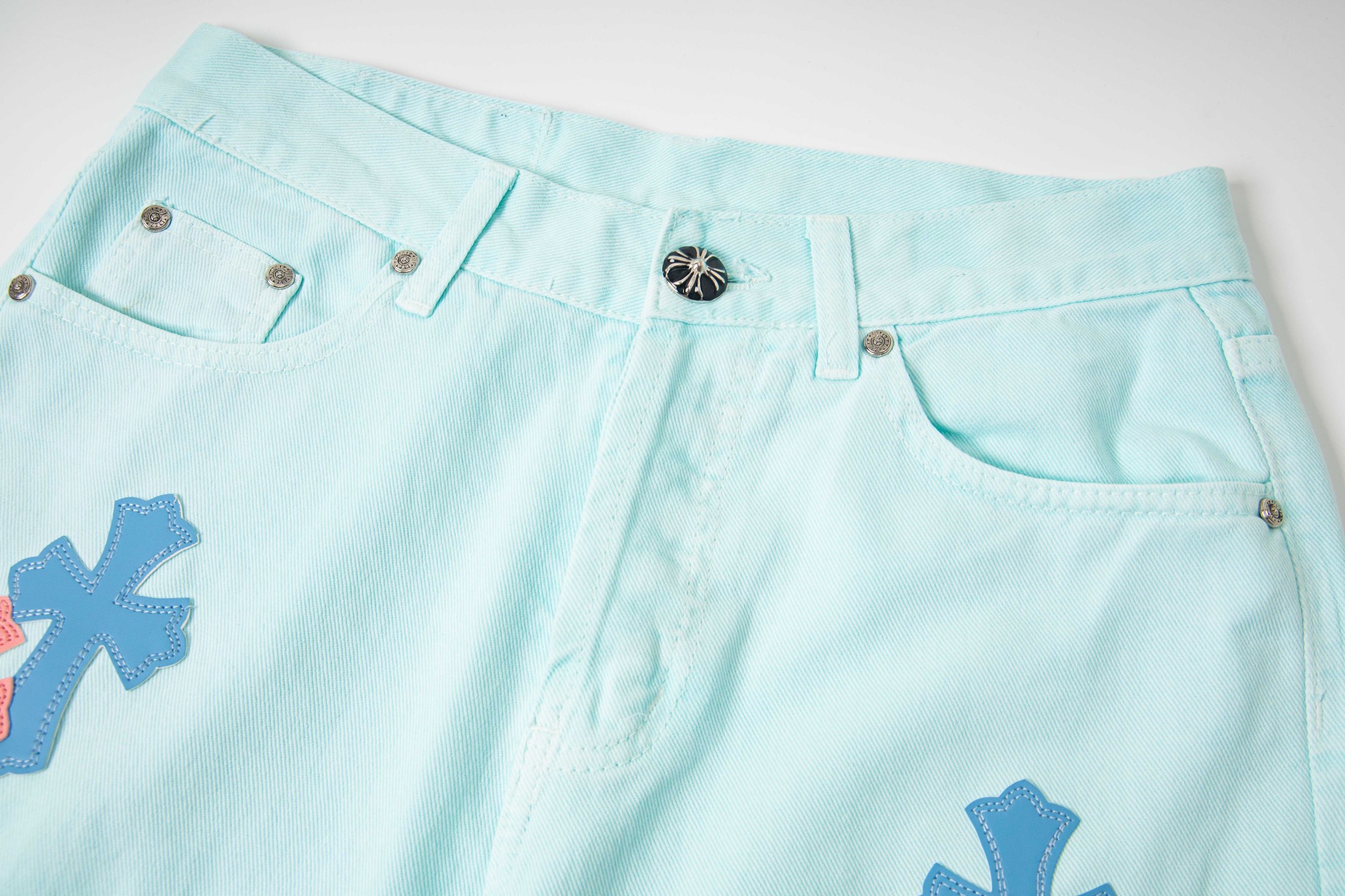 高版本Chrome Hearts克罗心 薄荷绿皮标十字牛仔裤