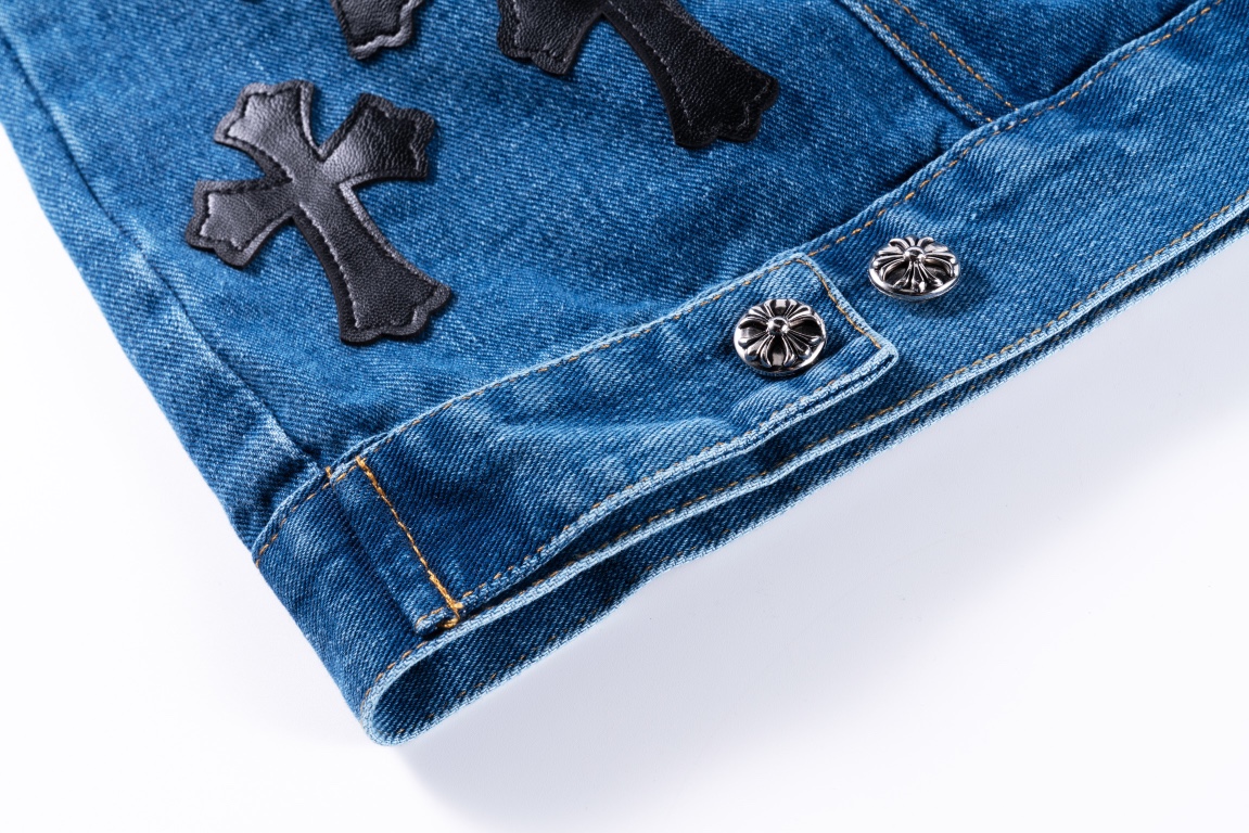 高版本Chrome Hearts克罗心 重工重叠皮标十字水洗牛仔外套