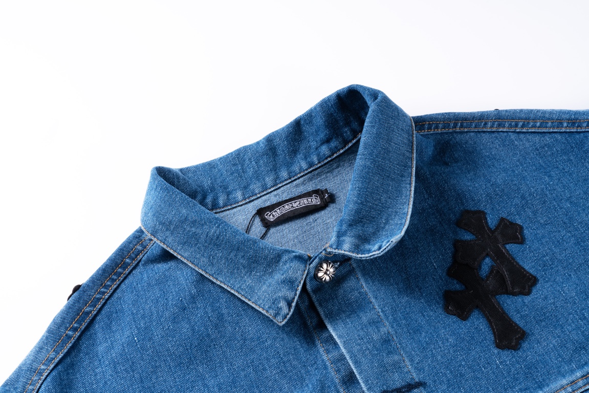 高版本Chrome Hearts克罗心 重工重叠皮标十字水洗牛仔外套