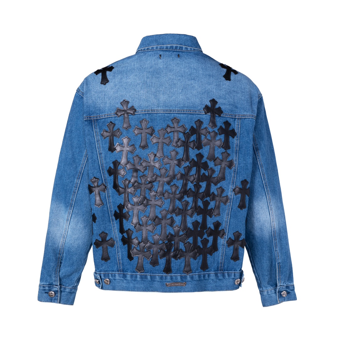 高版本Chrome Hearts克罗心 重工重叠皮标十字水洗牛仔外套