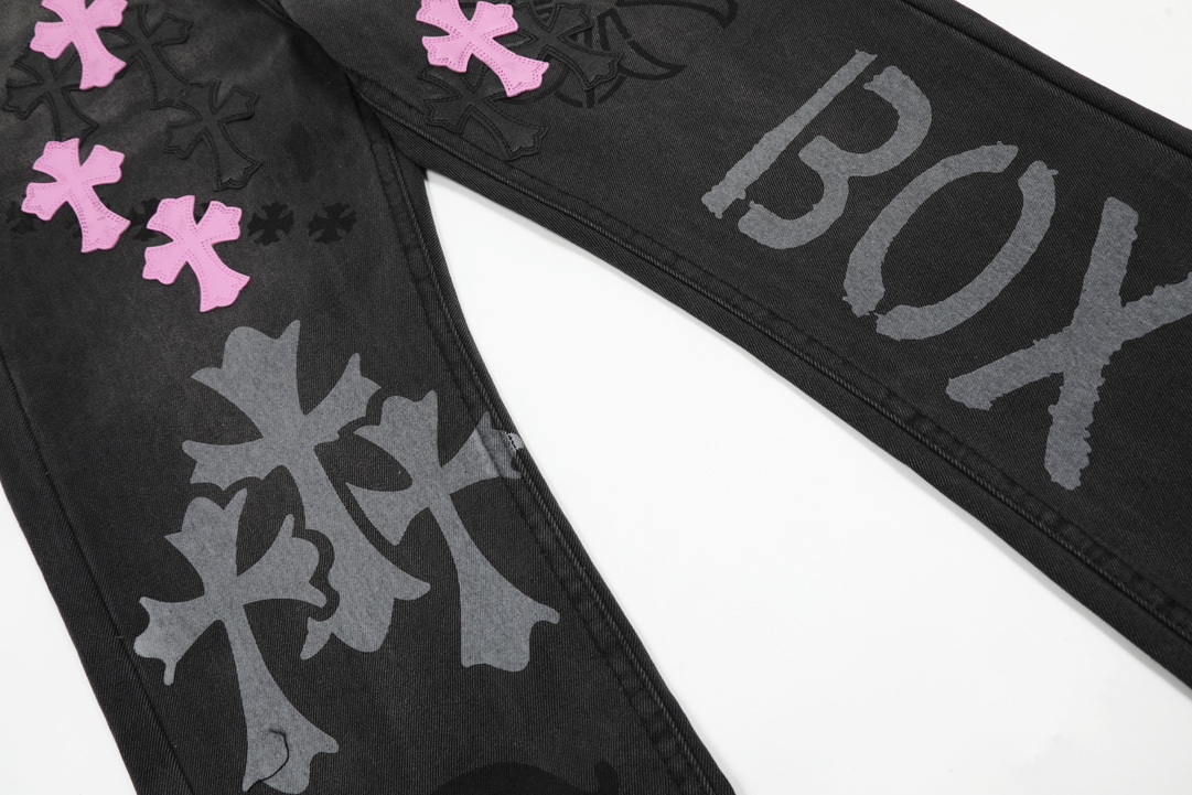 高版本Chrome Hearts克罗心 紫色喷绘涂鸦拼皮牛王牛仔裤