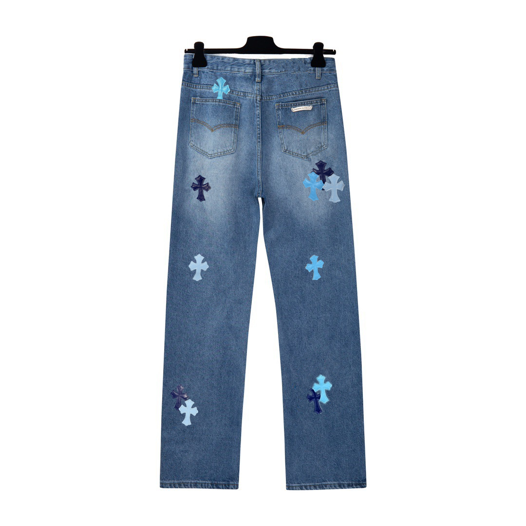 高版本Chrome Hearts克罗心 皮标十字水洗刺绣牛仔裤-Chinese UA Cheap High Quatity Brand Clothes Bags handbags Sneakers wholesale wholesaler seller from China Factory suppliers Fashion Clothing Shoes best Quality Beautiful Price 高版本Chrome Hearts克罗心 皮标十字水洗刺绣牛仔裤