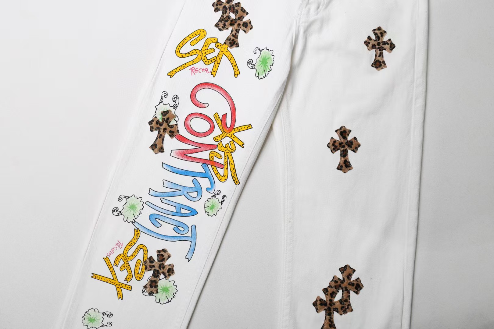 高版本Chrome Hearts克罗心 Mattyboy涂鸦彩绘豹纹十字牛仔裤