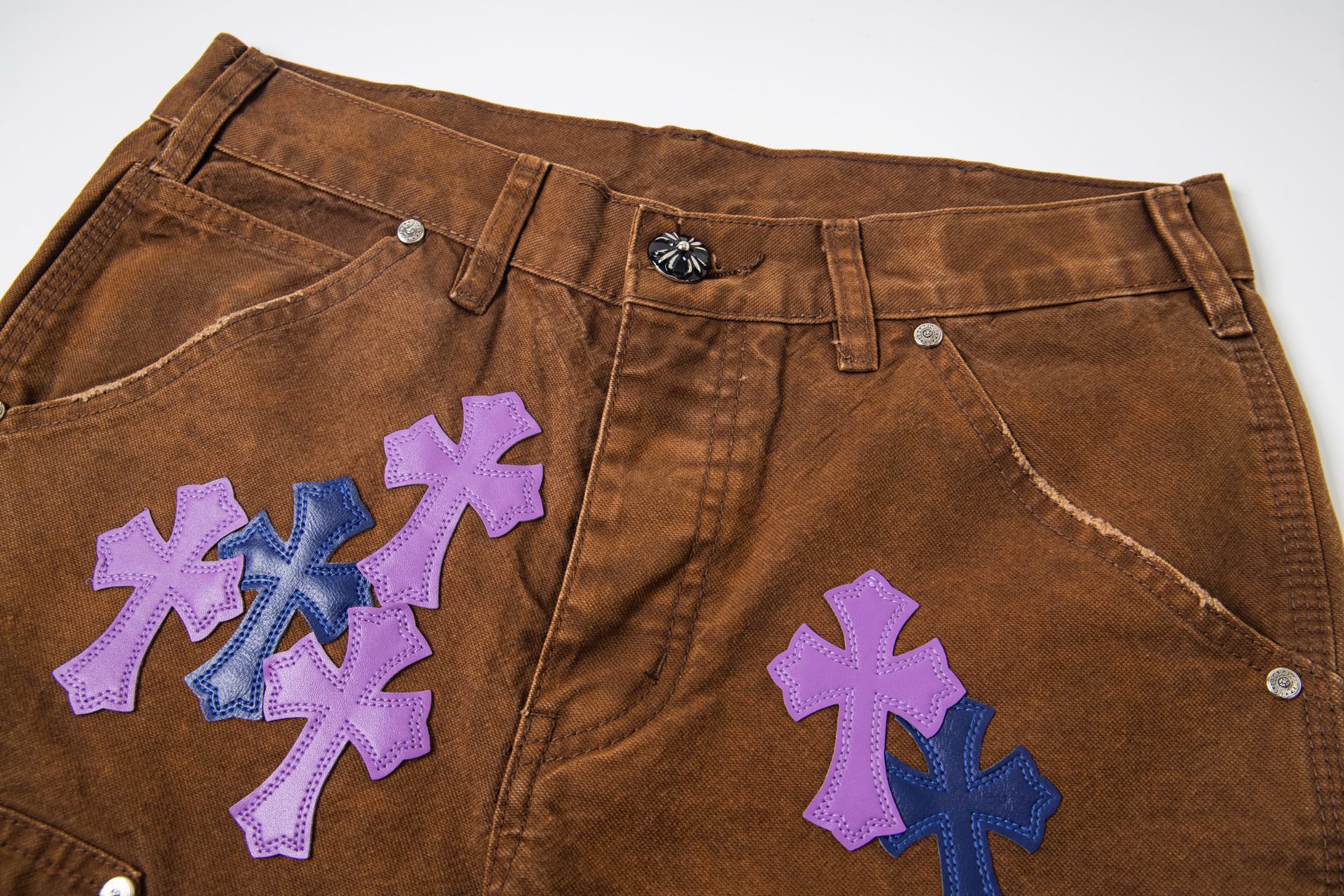 高版本Chrome hearts克罗心 蓝紫拼皮做旧伐木裤牛仔裤