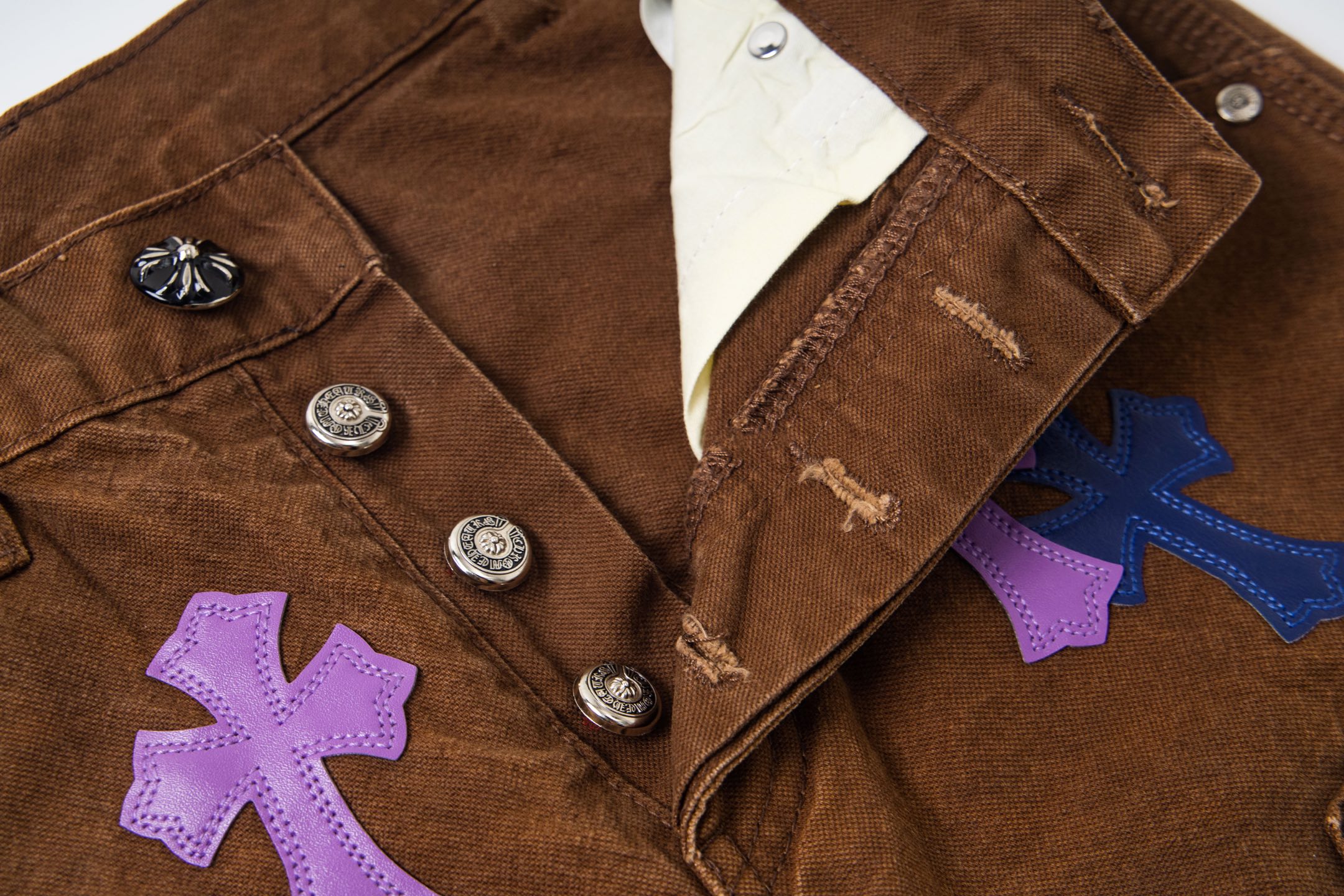 高版本Chrome hearts克罗心 蓝紫拼皮做旧伐木裤牛仔裤