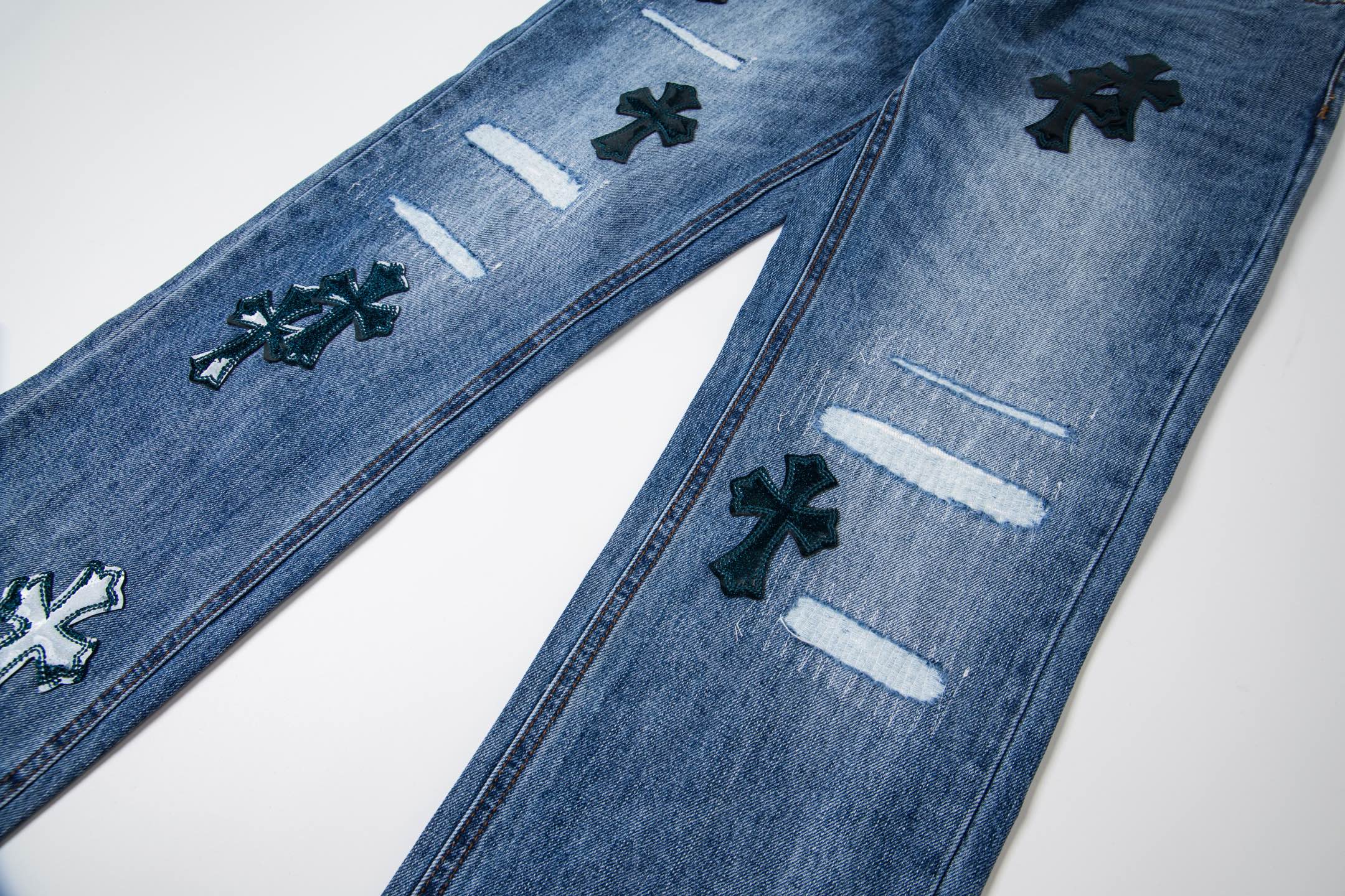 高版本Chrome Hearts克罗心 星空皮标十字水洗破洞牛仔裤