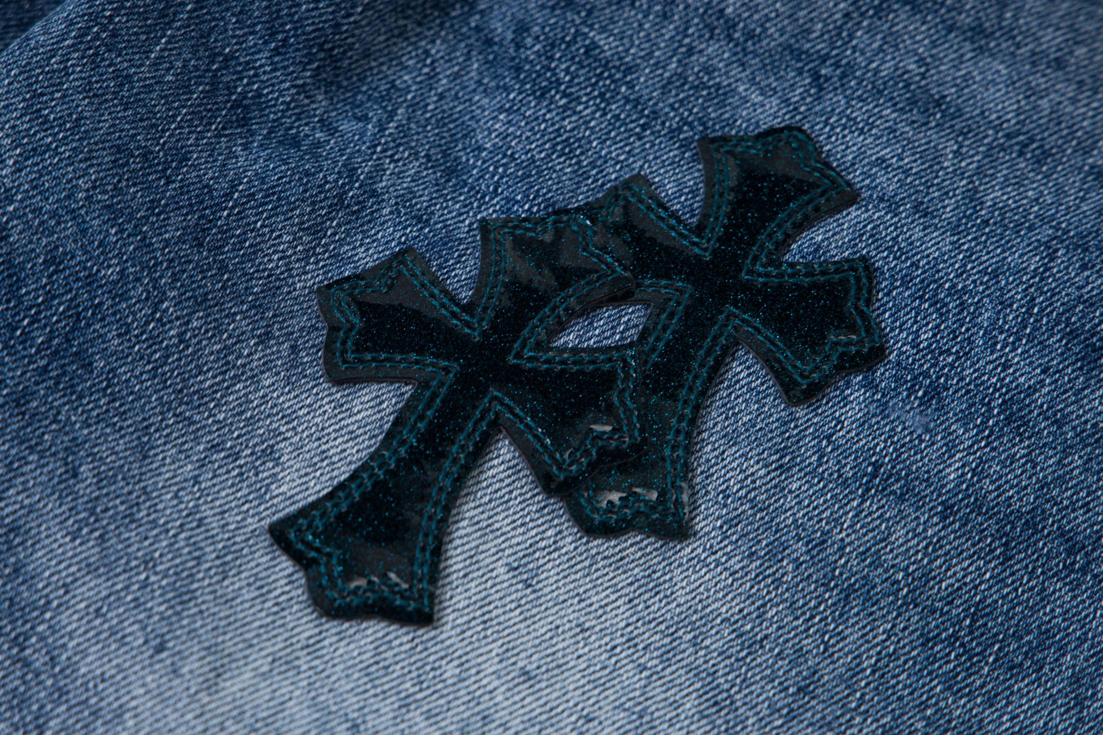 高版本Chrome Hearts克罗心 星空皮标十字水洗破洞牛仔裤