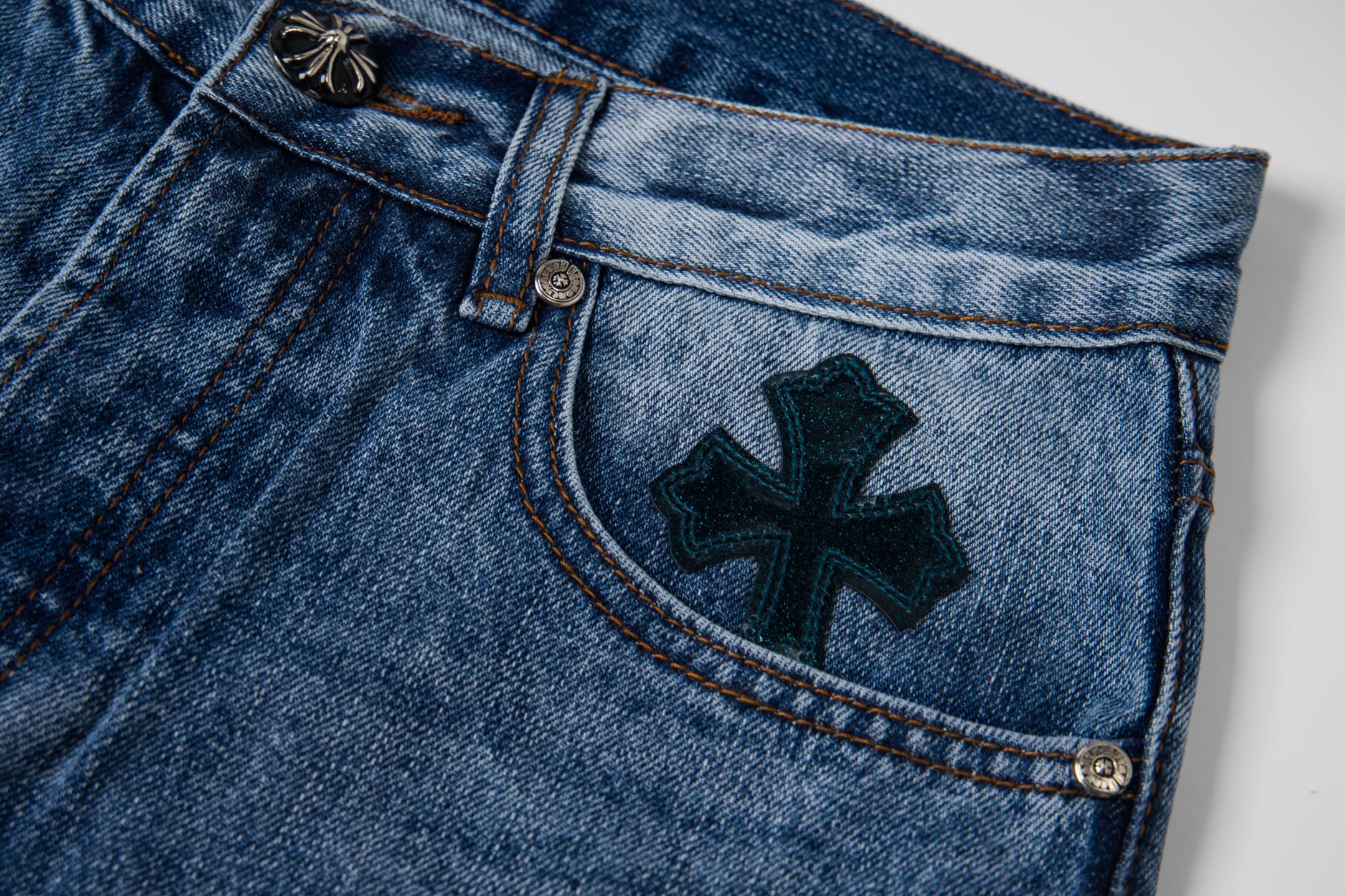 高版本Chrome Hearts克罗心 星空皮标十字水洗破洞牛仔裤