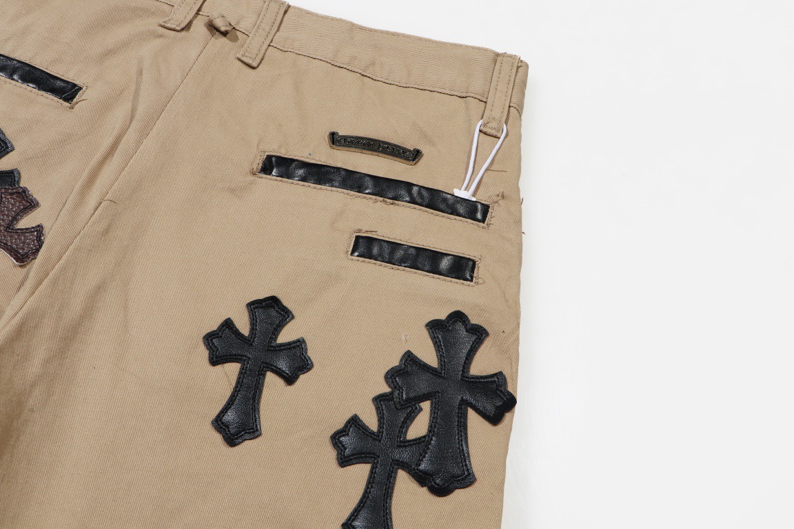 高版本Chrome Hearts克罗心 卡其色皮标十字牛仔裤-Chinese UA Cheap High Quatity Brand Clothes Bags handbags Sneakers wholesale wholesaler seller from China Factory suppliers Fashion Clothing Shoes best Quality Beautiful Price 高版本Chrome Hearts克罗心 卡其色皮标十字牛仔裤