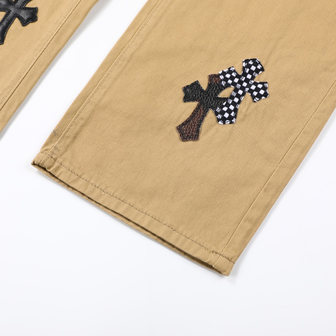 高版本Chrome Hearts克罗心 卡其色皮标十字牛仔裤-Chinese UA Cheap High Quatity Brand Clothes Bags handbags Sneakers wholesale wholesaler seller from China Factory suppliers Fashion Clothing Shoes best Quality Beautiful Price 高版本Chrome Hearts克罗心 卡其色皮标十字牛仔裤