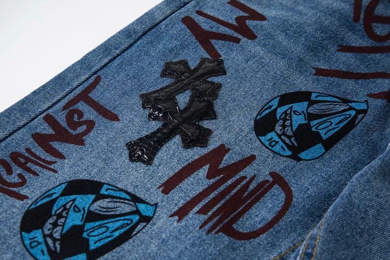 高版本Chrome hearts克罗心 涂鸦皮标十字水洗做旧牛仔裤-Chinese UA Cheap High Quatity Brand Clothes Bags handbags Sneakers wholesale wholesaler seller from China Factory suppliers Fashion Clothing Shoes best Quality Beautiful Price 高版本Chrome hearts克罗心 涂鸦皮标十字水洗做旧牛仔裤