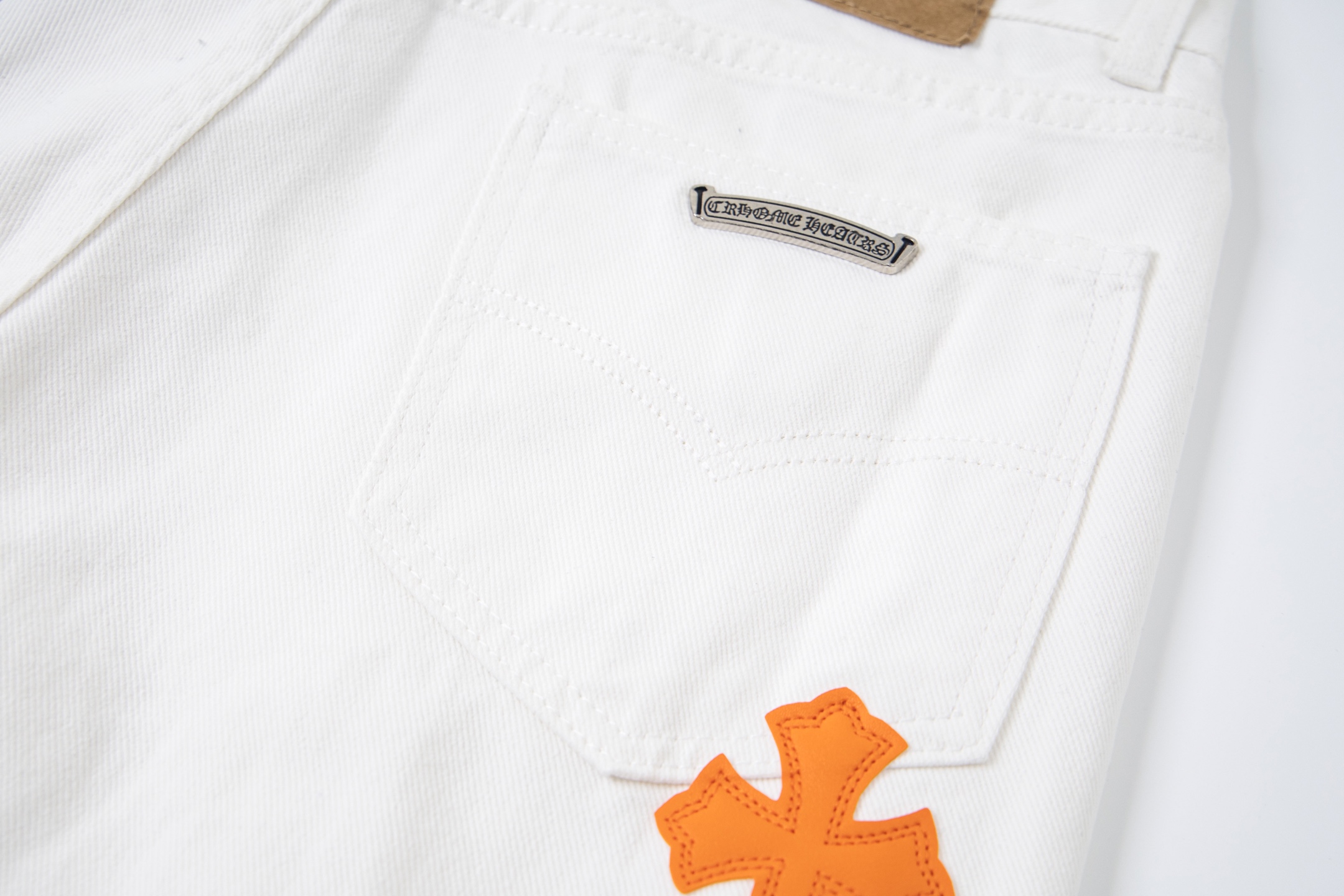 高版本Chrome Hearts克罗心 St Barth限定橙蓝豹纹皮标十字牛仔裤