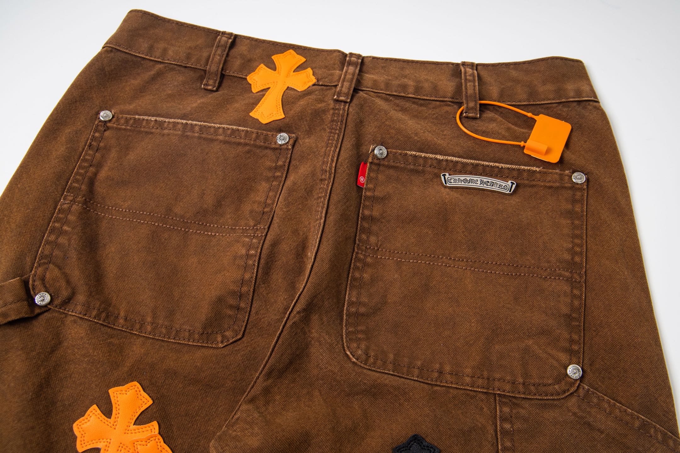 高版本Chrome hearts克罗心 橘黑拼皮做旧伐木裤牛仔裤-Chinese UA Cheap High Quatity Brand Clothes Bags handbags Sneakers wholesale wholesaler seller from China Factory suppliers Fashion Clothing Shoes best Quality Beautiful Price 高版本Chrome hearts克罗心 橘黑拼皮做旧伐木裤牛仔裤