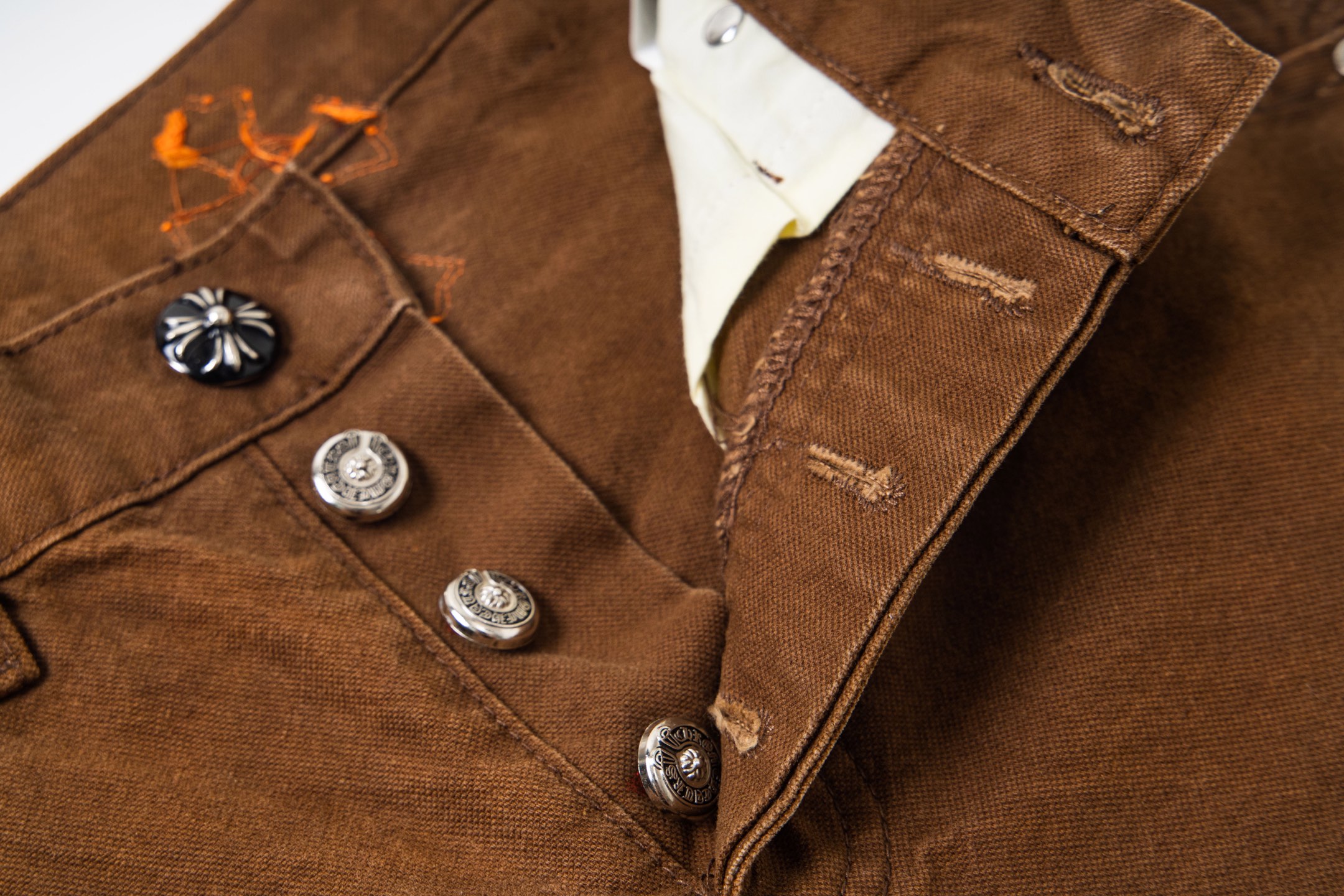 高版本Chrome hearts克罗心 橘黑拼皮做旧伐木裤牛仔裤-Chinese UA Cheap High Quatity Brand Clothes Bags handbags Sneakers wholesale wholesaler seller from China Factory suppliers Fashion Clothing Shoes best Quality Beautiful Price 高版本Chrome hearts克罗心 橘黑拼皮做旧伐木裤牛仔裤