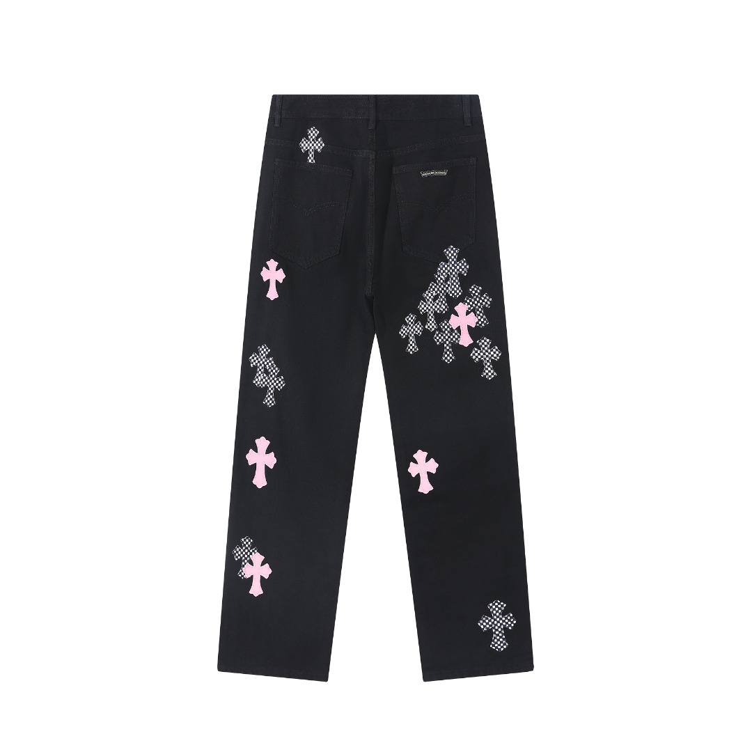 高版本Chrome Hearts克罗心 樱花粉棋盘格十字拼皮牛仔裤-Chinese UA Cheap High Quatity Brand Clothes Bags handbags Sneakers wholesale wholesaler seller from China Factory suppliers Fashion Clothing Shoes best Quality Beautiful Price 高版本Chrome Hearts克罗心 樱花粉棋盘格十字拼皮牛仔裤
