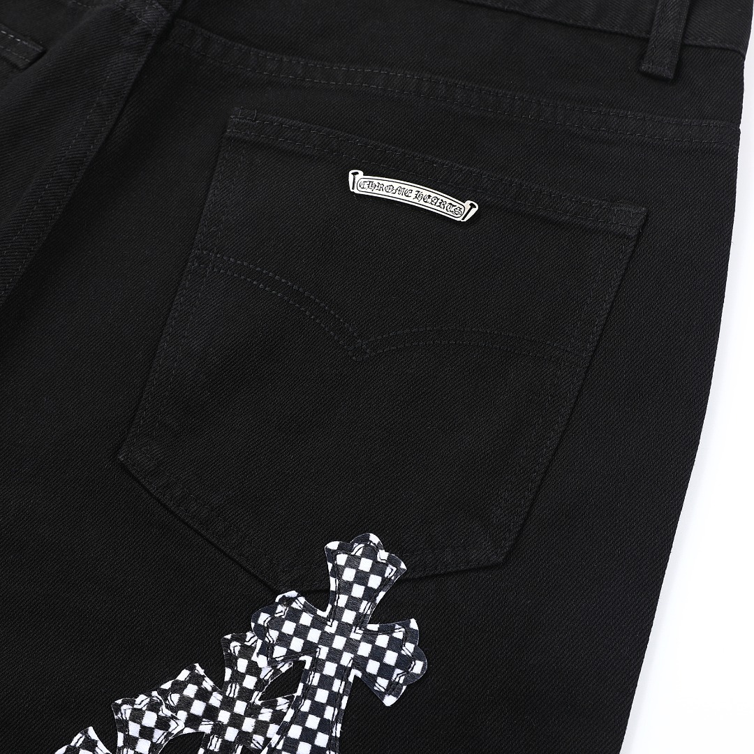 高版本Chrome Hearts克罗心 樱花粉棋盘格十字拼皮牛仔裤-Chinese UA Cheap High Quatity Brand Clothes Bags handbags Sneakers wholesale wholesaler seller from China Factory suppliers Fashion Clothing Shoes best Quality Beautiful Price 高版本Chrome Hearts克罗心 樱花粉棋盘格十字拼皮牛仔裤