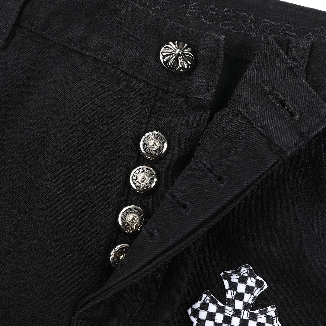 高版本Chrome Hearts克罗心 樱花粉棋盘格十字拼皮牛仔裤-Chinese UA Cheap High Quatity Brand Clothes Bags handbags Sneakers wholesale wholesaler seller from China Factory suppliers Fashion Clothing Shoes best Quality Beautiful Price 高版本Chrome Hearts克罗心 樱花粉棋盘格十字拼皮牛仔裤