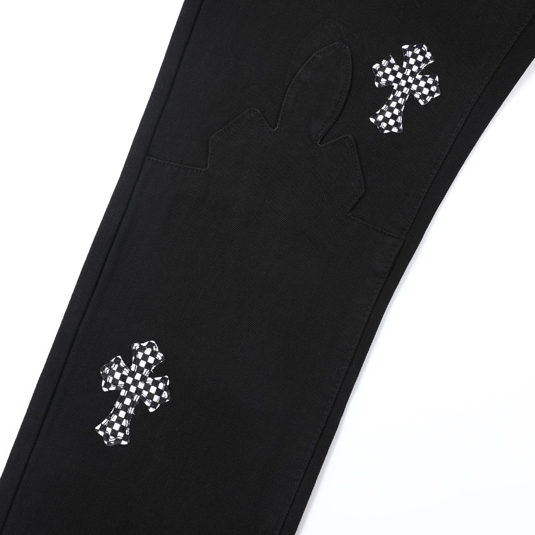 高版本Chrome Hearts克罗心 樱花粉棋盘格十字拼皮牛仔裤-Chinese UA Cheap High Quatity Brand Clothes Bags handbags Sneakers wholesale wholesaler seller from China Factory suppliers Fashion Clothing Shoes best Quality Beautiful Price 高版本Chrome Hearts克罗心 樱花粉棋盘格十字拼皮牛仔裤