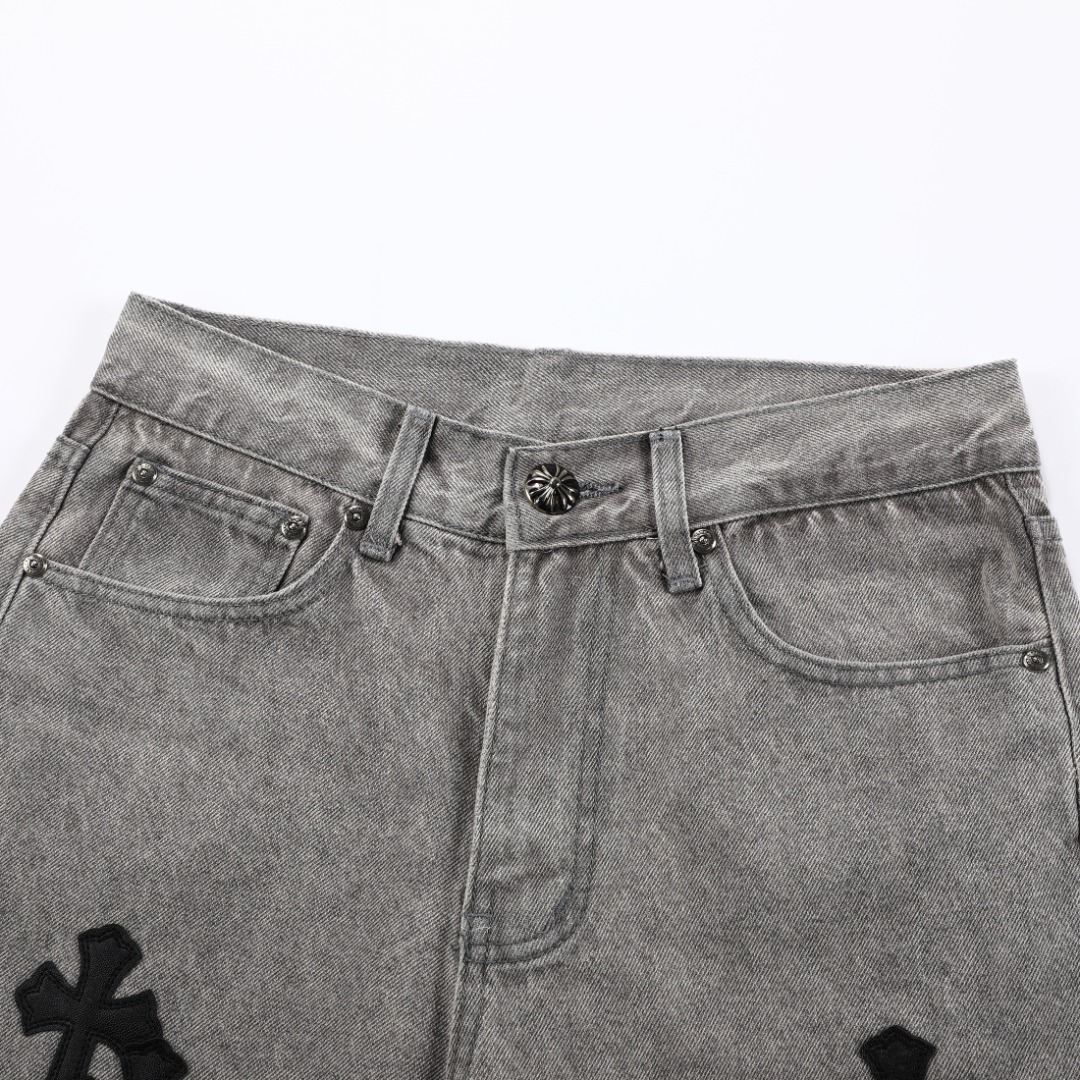 高版本Chrome Hearts克罗心 皮标十字水洗做旧牛仔裤-Chinese UA Cheap High Quatity Brand Clothes Bags handbags Sneakers wholesale wholesaler seller from China Factory suppliers Fashion Clothing Shoes best Quality Beautiful Price 高版本Chrome Hearts克罗心 皮标十字水洗做旧牛仔裤