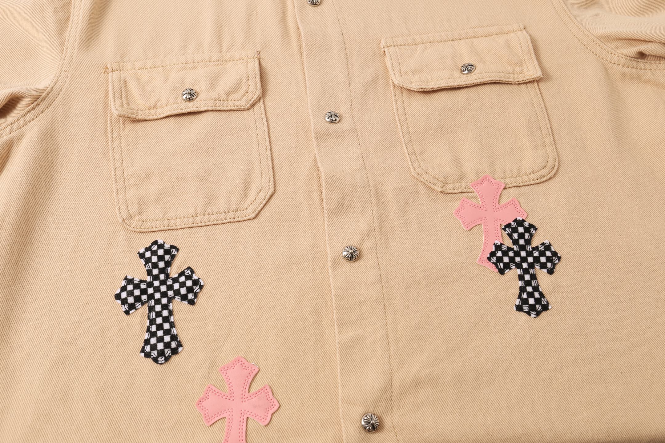 高版本Chrome Hearts克罗心 卡其色皮标十字牛仔外套