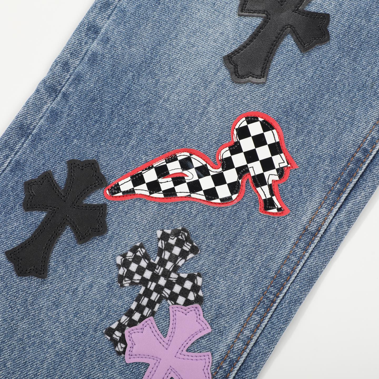高版本Chrome hearts 克罗心 SexRecords满皮标十字做旧牛仔裤