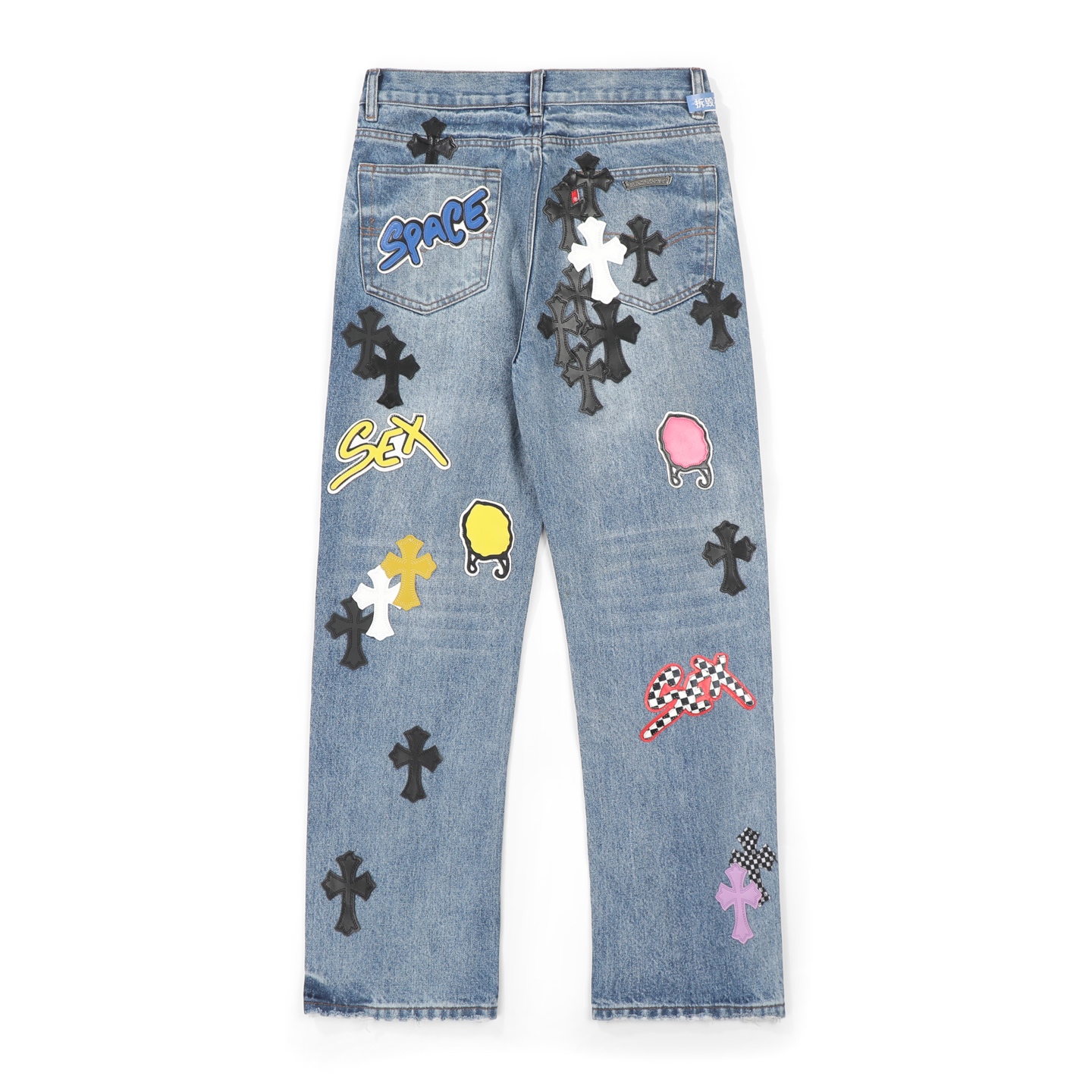 高版本Chrome hearts 克罗心 SexRecords满皮标十字做旧牛仔裤