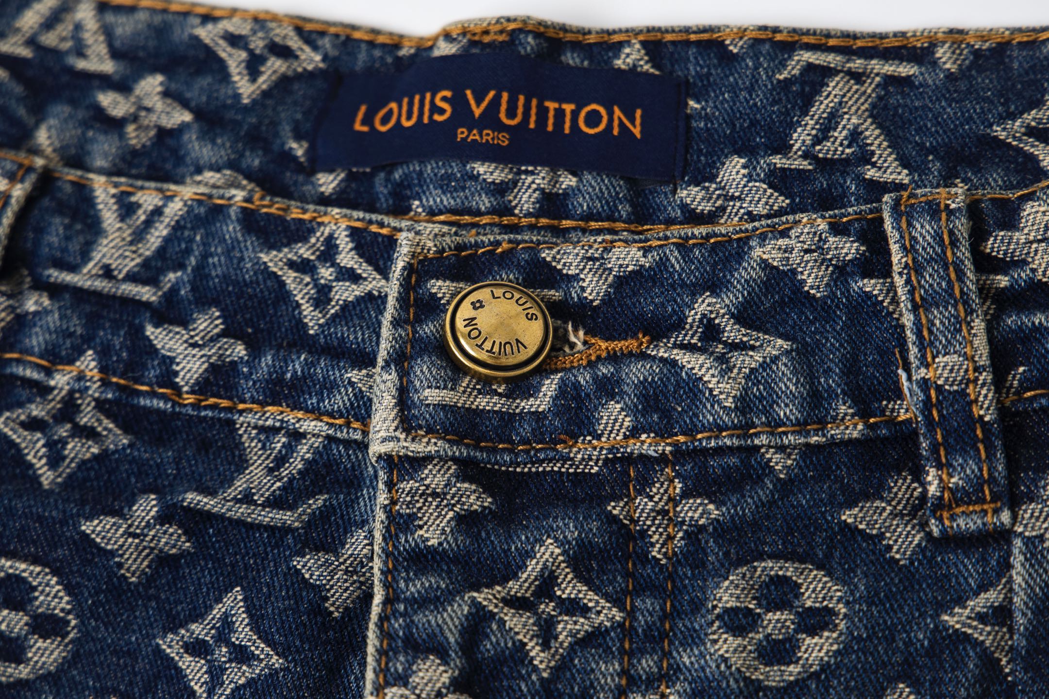 Louis Vuitton路易威登 25SS侧边皮条提花牛仔裤