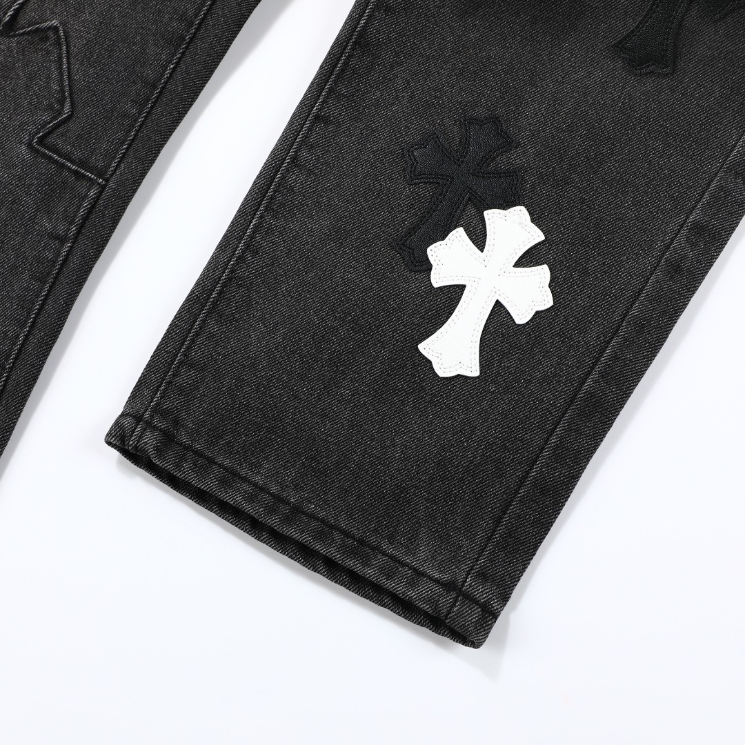 高版本Chrome Hearts克罗心 皮标十字水洗做旧牛仔裤