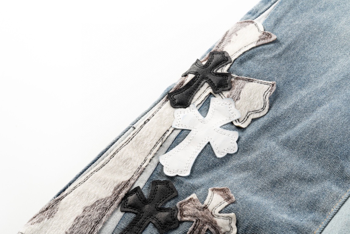 高版本Chrome hearts克罗心 x Gallery Dept 联名皮标十字拼接微喇牛仔裤