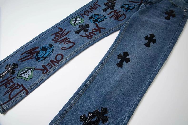 高版本Chrome hearts克罗心 涂鸦皮标十字水洗做旧牛仔裤
