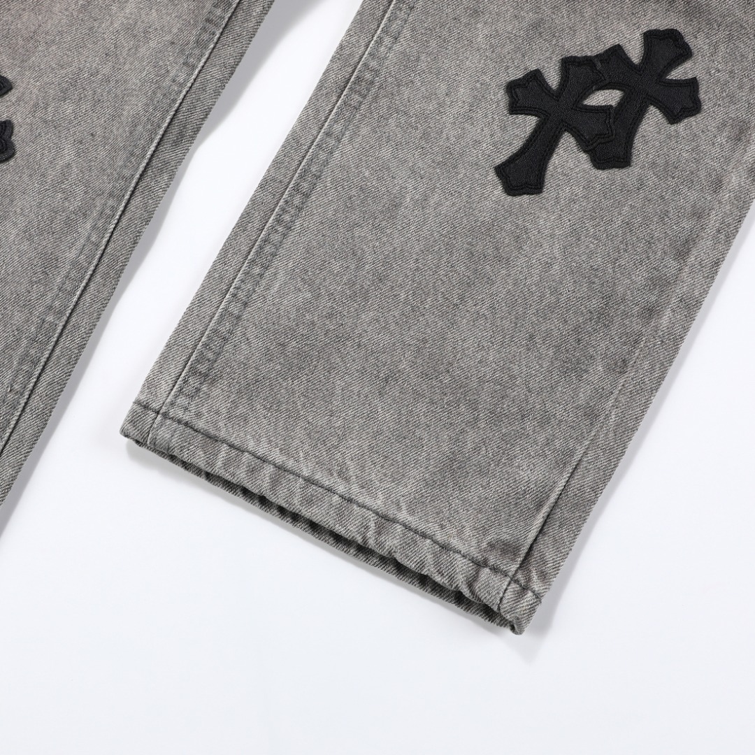 高版本Chrome Hearts克罗心 皮标十字水洗做旧牛仔裤