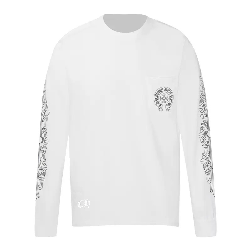 高版本Chrome Hearts克罗心 花臂梵文马蹄印花长袖T恤,秋冬王炸!胸前口袋,领口袖口高克重螺纹,整体采用300g双纱纯棉面料,洗水防伪吊牌等辅料标配.正确版本,超级显眼超级好看超级大气,男女同款!整体上身特彰显时尚和个性,情侣一起穿更是炸街王牌推荐T恤