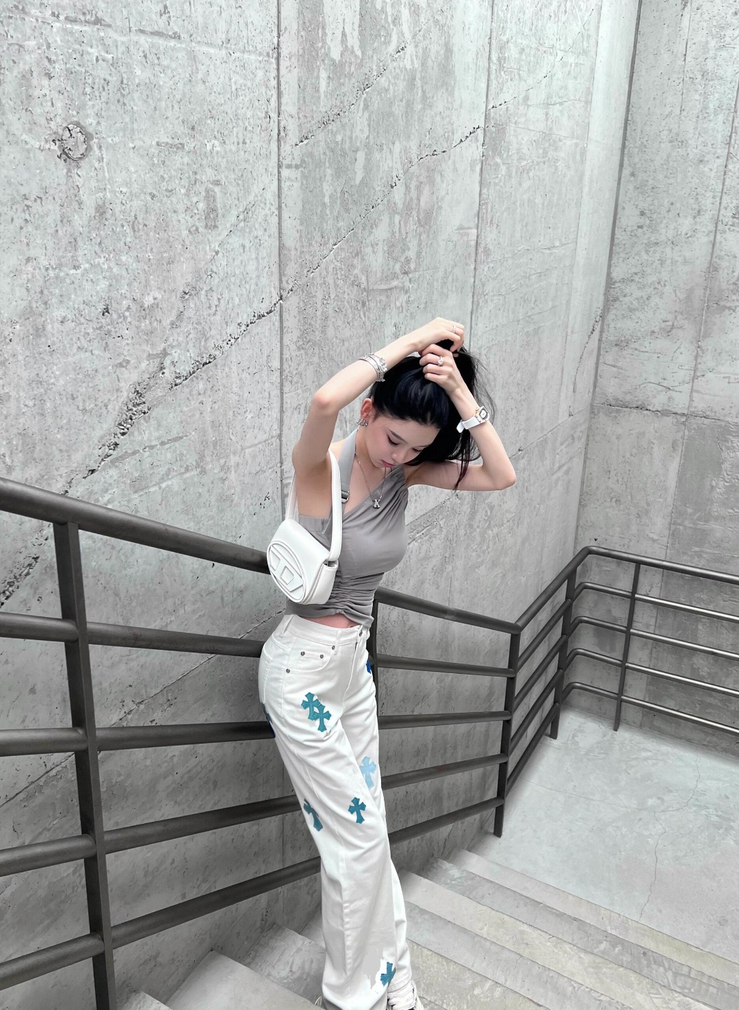 #Chrome Hearts克罗心 迈阿密限定冰蓝皮标十字牛仔裤 上身效果图#